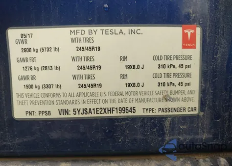 2017 Tesla Model S 100D/60D/75D/90D/P100D from USA, damaged, VIN 5YJSA1E2XHF199545